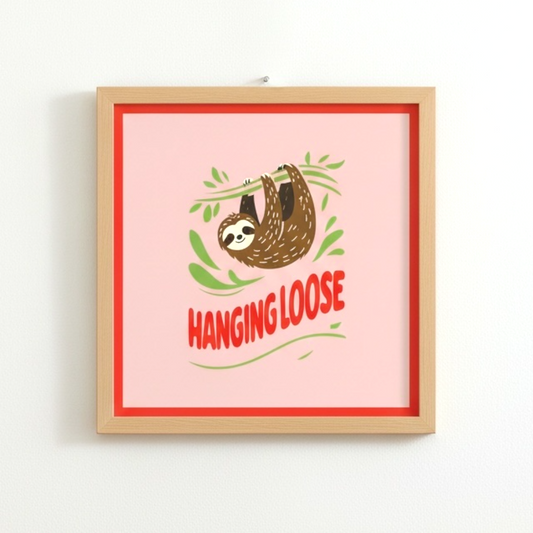 Hanging Loose Sloth Print - Pink Funny Wall Art 20x20cm