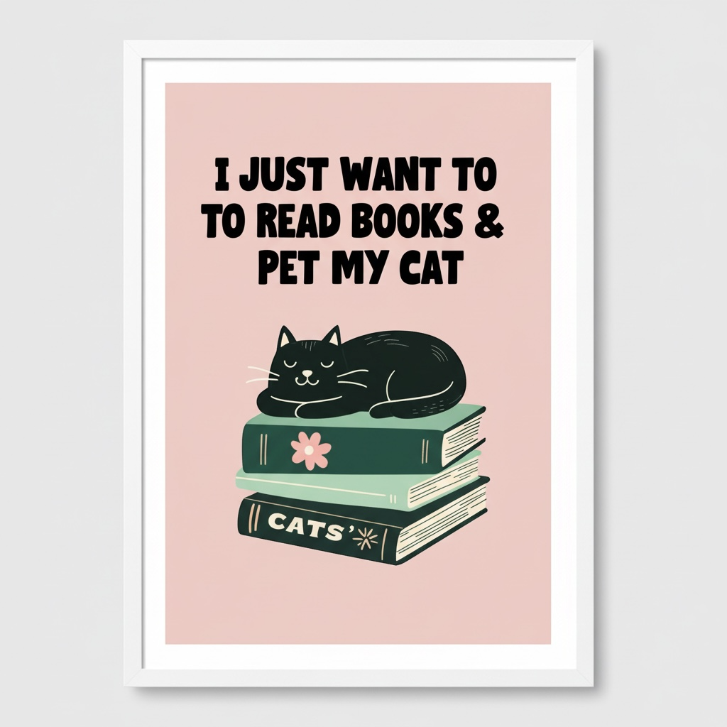 I Just Want to Read Books and Pet My Cat Print - Funny Book Lover Wall Art