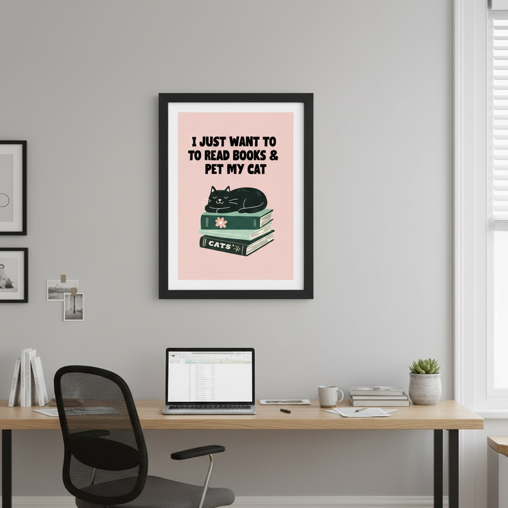 I Just Want to Read Books and Pet My Cat Print - Funny Book Lover Wall Art