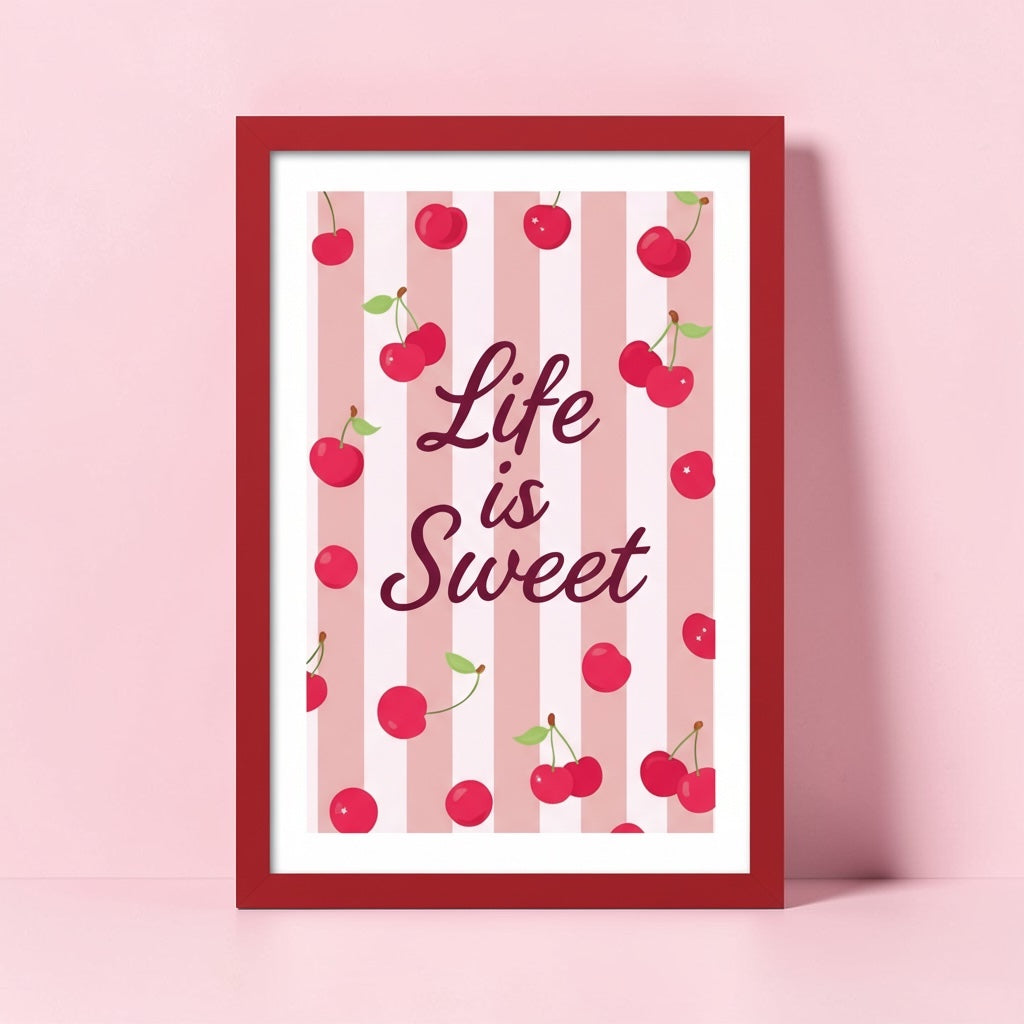 Life is Sweet Cherry Print - Pink & Red Fruit Wall Art