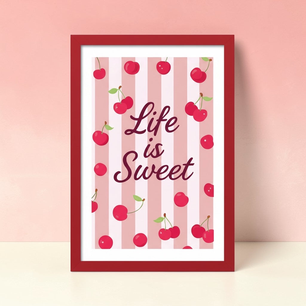 Life is Sweet Cherry Print - Pink & Red Fruit Wall Art