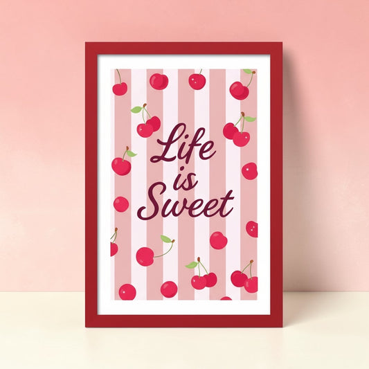 Life is Sweet Cherry Print - Pink & Red Fruit Wall Art