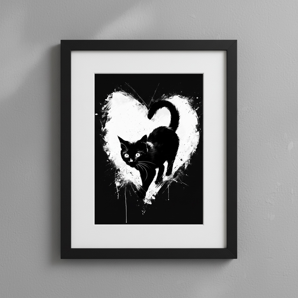 Black Cat Watercolour Print with Heart - Artistic Wall Art