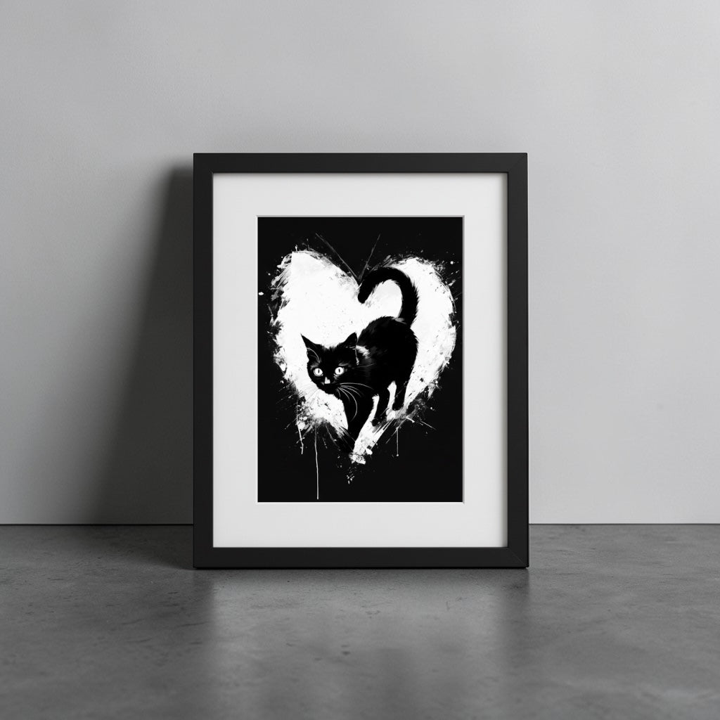Black Cat Watercolour Print with Heart - Artistic Wall Art