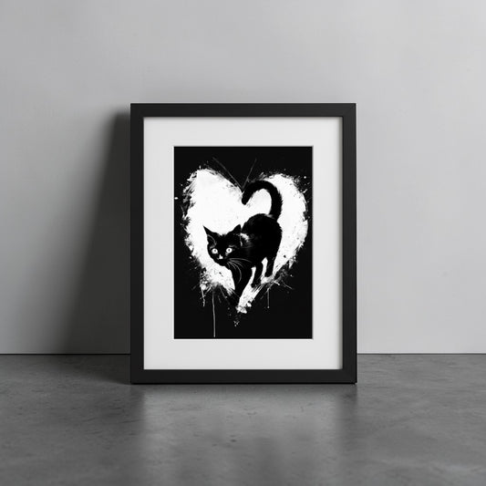 Black Cat Watercolour Print with Heart - Artistic Wall Art