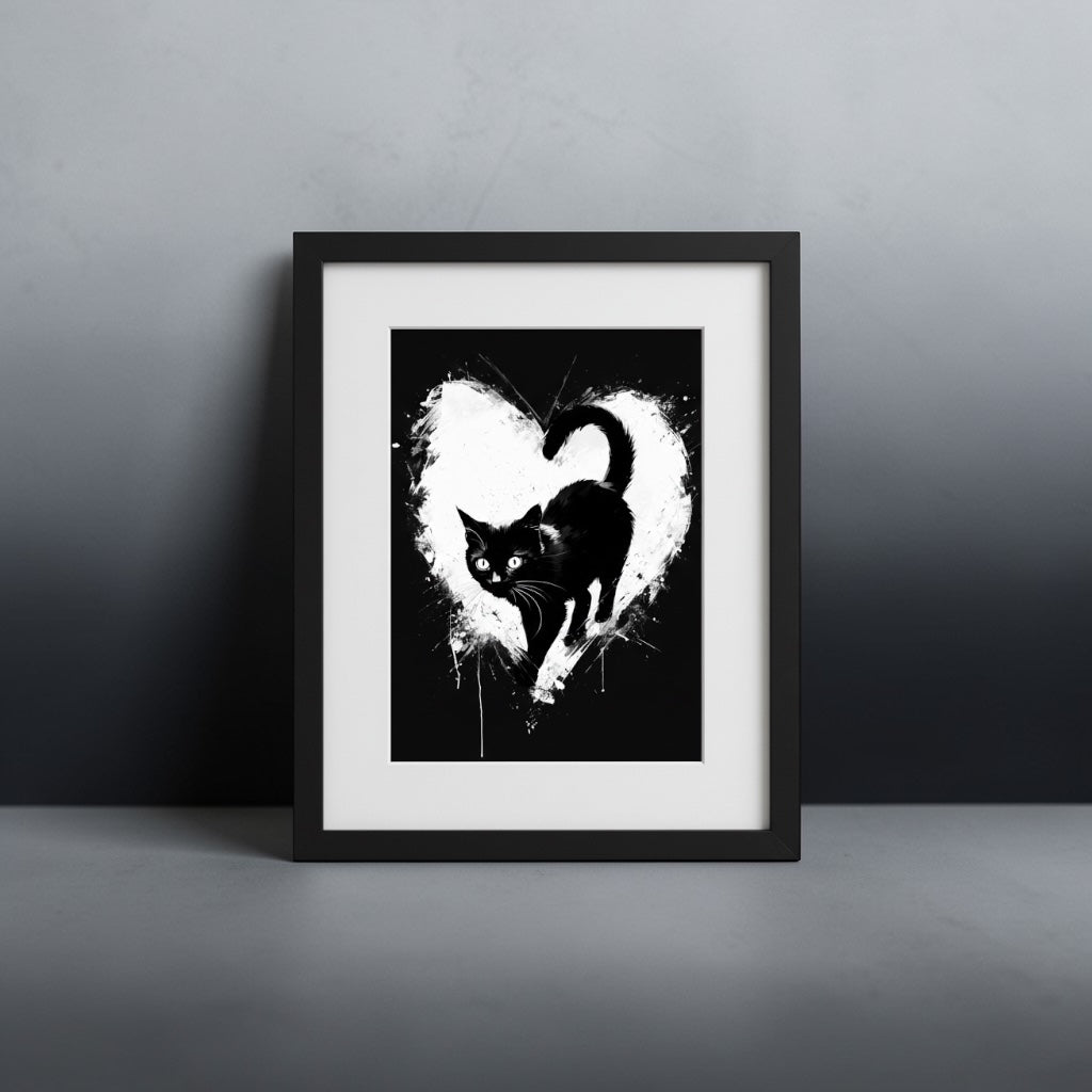 Black Cat Watercolour Print with Heart - Artistic Wall Art