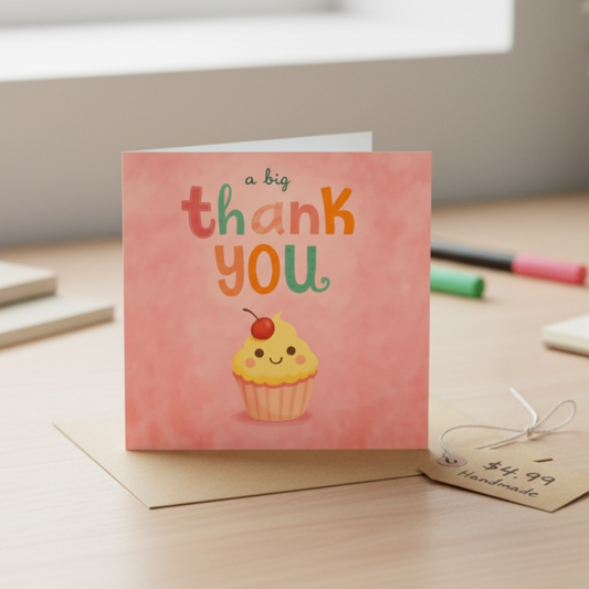 Handmade Thank You Card with Pink Cupcake - Greeting Card