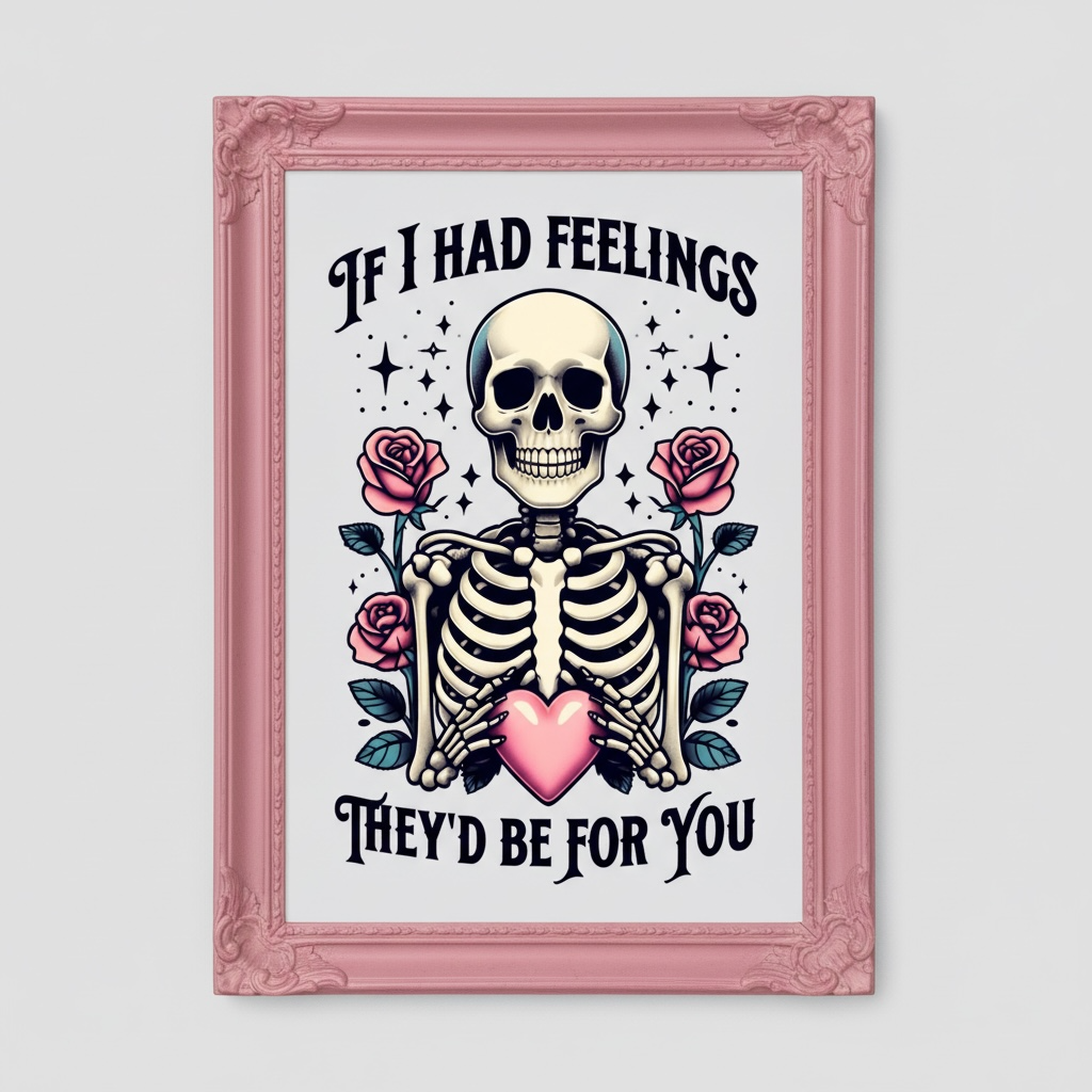 Gothic Love Print - If I Had Feelings They'd Be For You | Skeleton & Pink Flowers