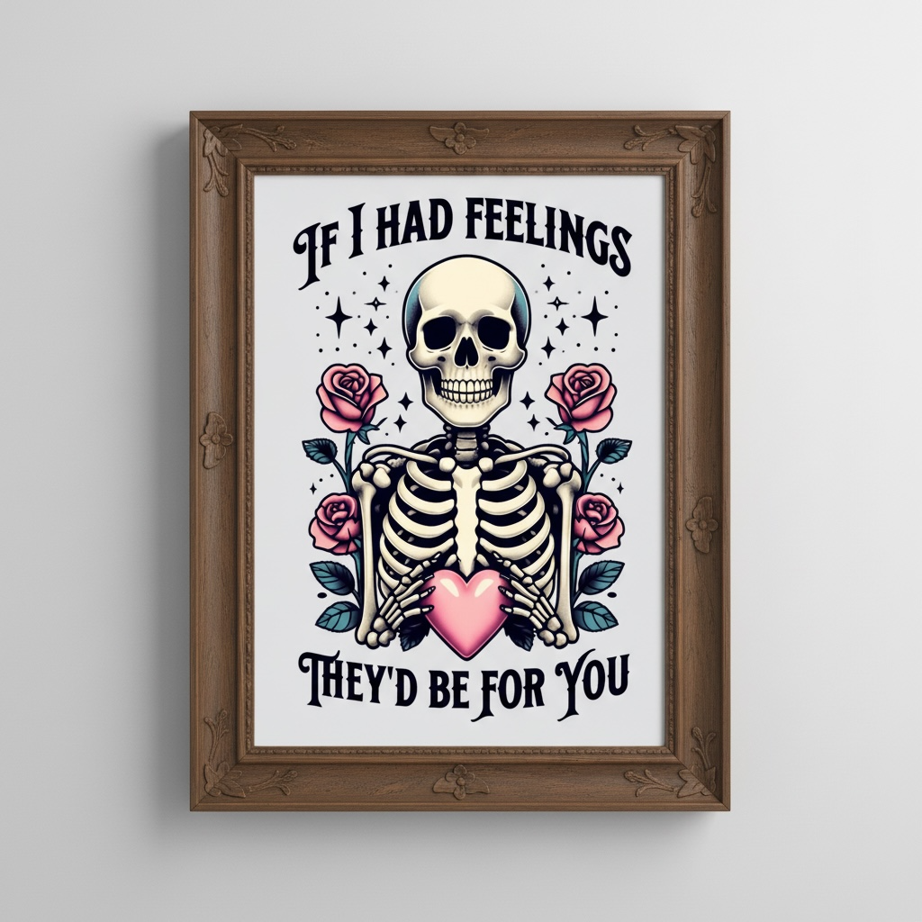 Gothic Love Print - If I Had Feelings They'd Be For You | Skeleton & Pink Flowers