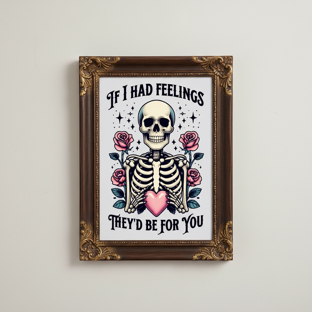 Gothic Love Print - If I Had Feelings They'd Be For You | Skeleton & Pink Flowers
