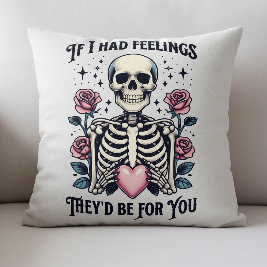 Gothic Love Cushion - If I Had Feelings They’d Be For You | Skeleton & Pink Flowers