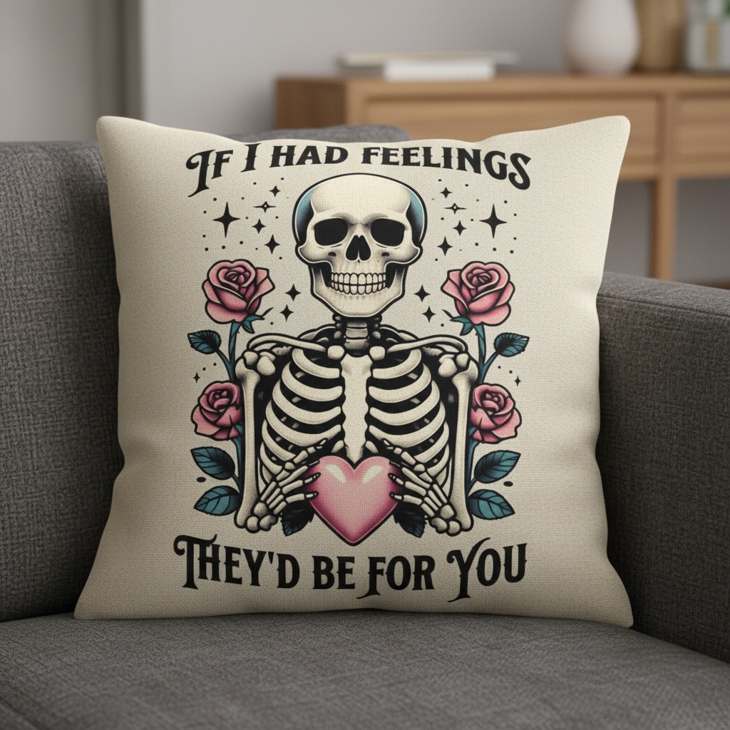 Gothic Love Cushion - If I Had Feelings They’d Be For You | Skeleton & Pink Flowers