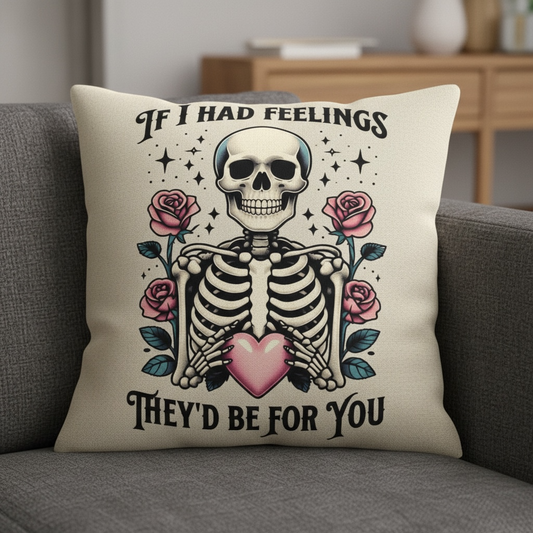 Gothic Love Cushion - If I Had Feelings They’d Be For You | Skeleton & Pink Flowers