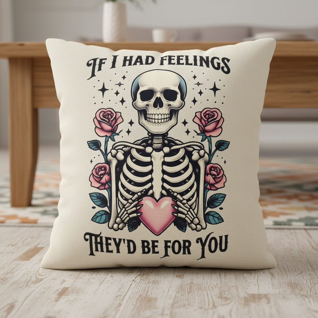 Gothic Love Cushion - If I Had Feelings They’d Be For You | Skeleton & Pink Flowers