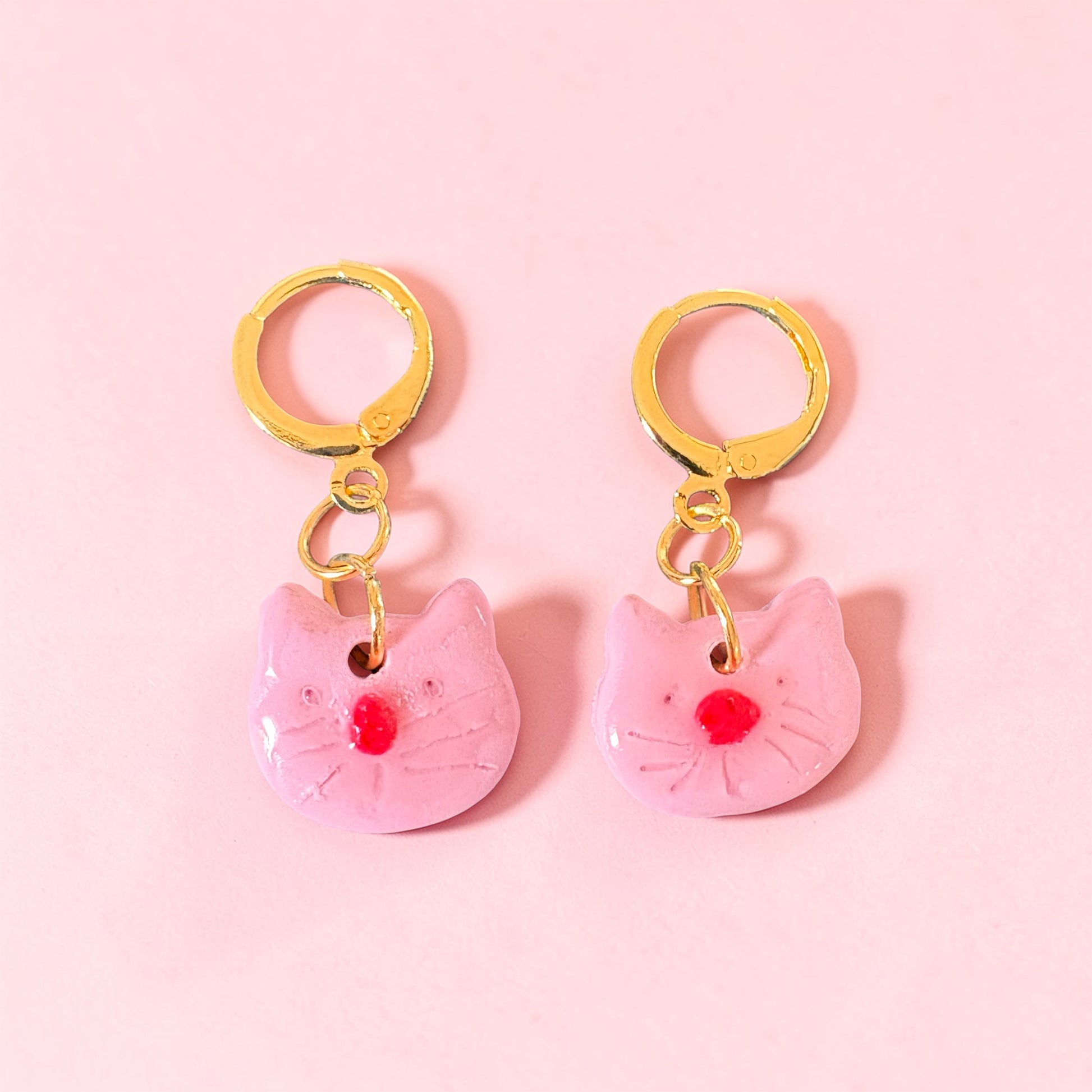 Pink Handmade Polymer Clay Cat Earrings | Cat Huggies