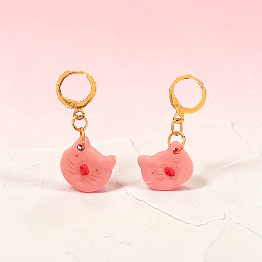Pink Handmade Polymer Clay Cat Earrings | Cat Huggies