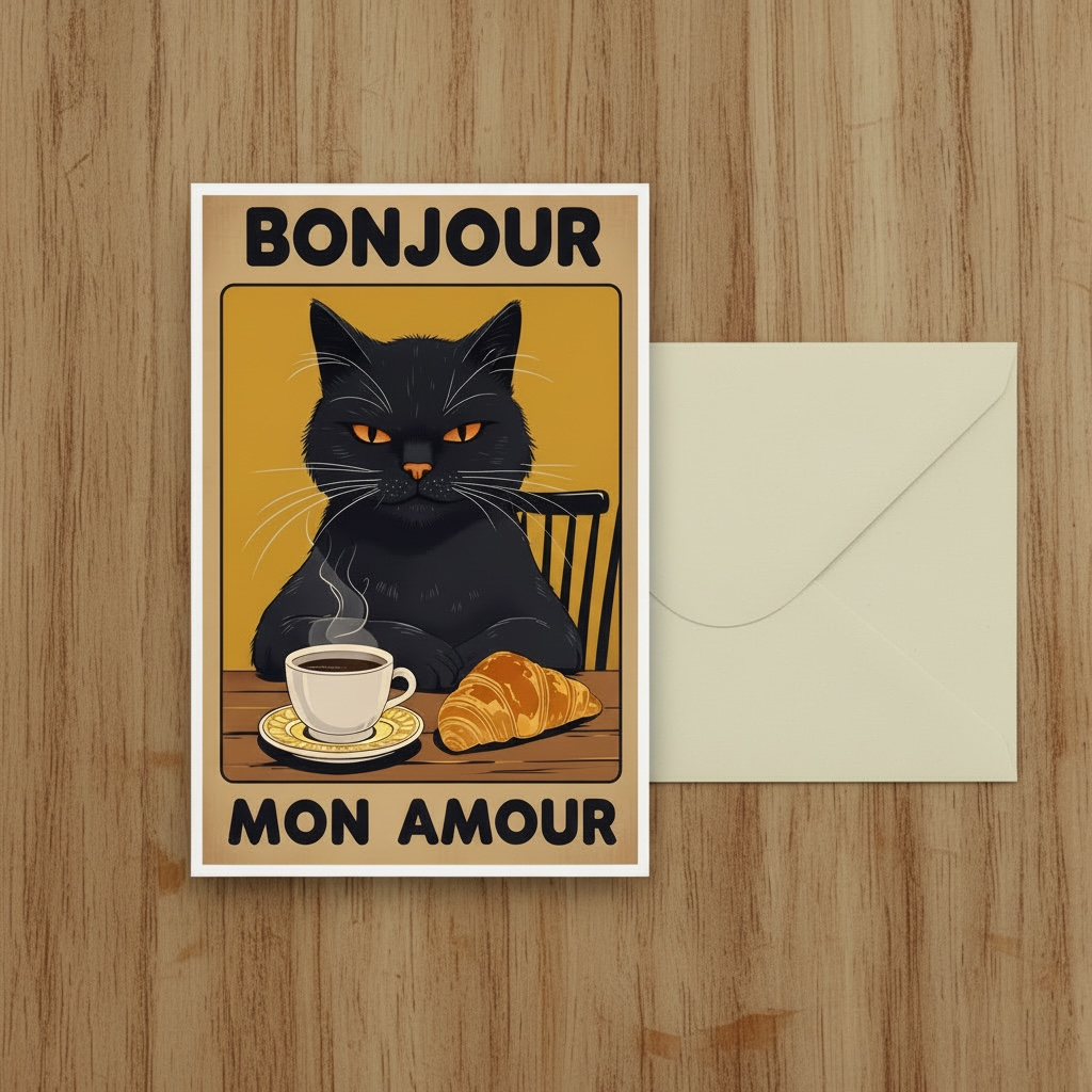 Bonjour Mon Amour Cat Card - Personalised A5 French Love Card