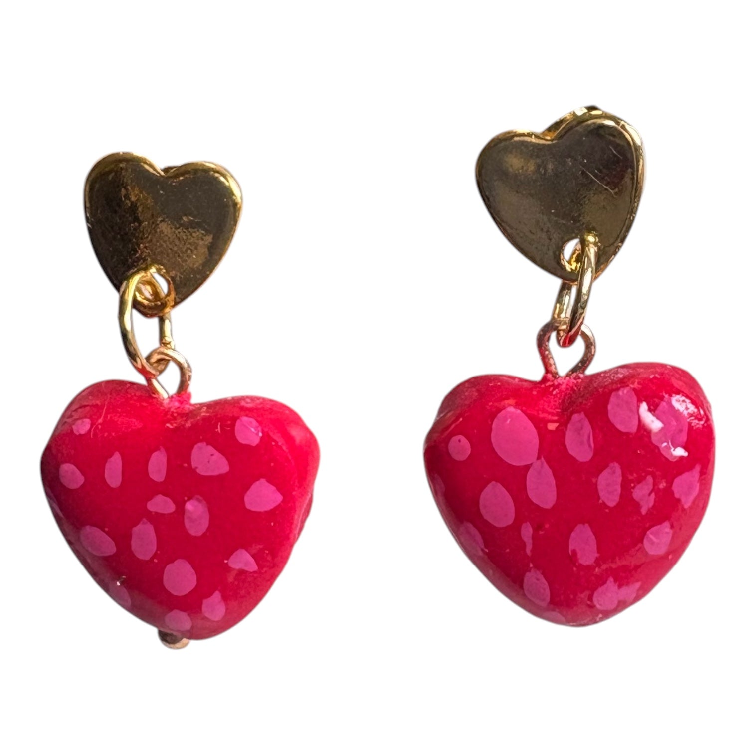 Handmade Polymer Clay Heart Earrings | Red & Pink Dot Hand-Painted | Gold Findings