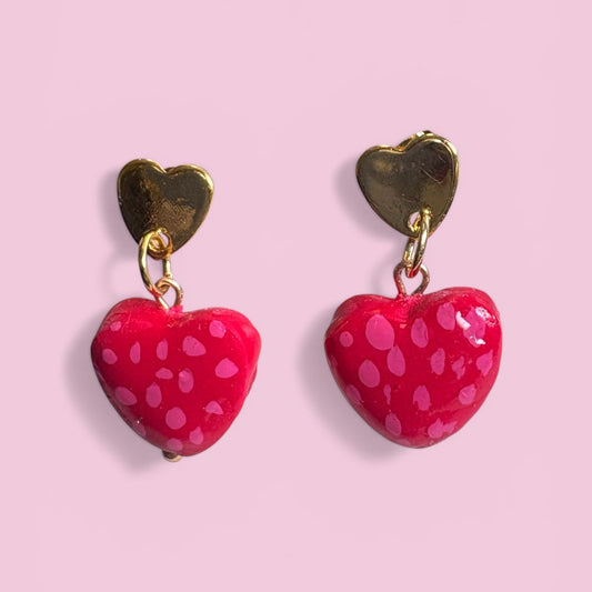 Handmade Polymer Clay Heart Earrings | Red & Pink Dot Hand-Painted | Gold Findings