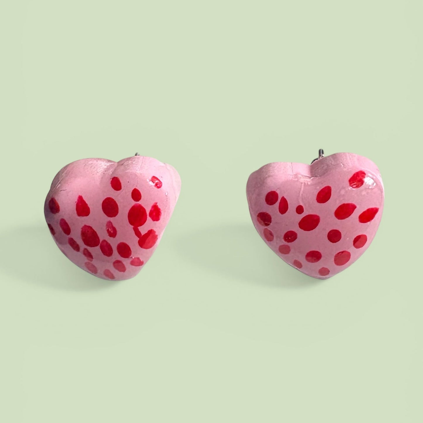 Handmade Polymer Clay Heart Stud Earrings | Pink & Red Dot Hand-Painted Design