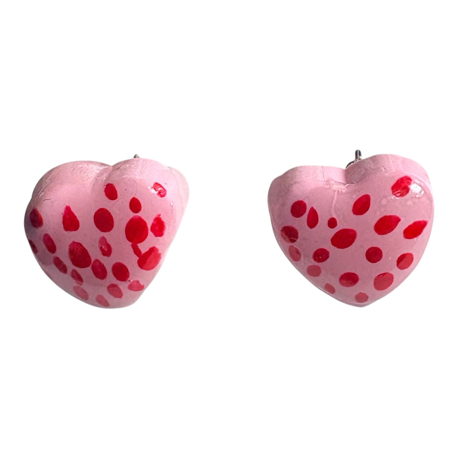Handmade Polymer Clay Heart Stud Earrings | Pink & Red Dot Hand-Painted Design