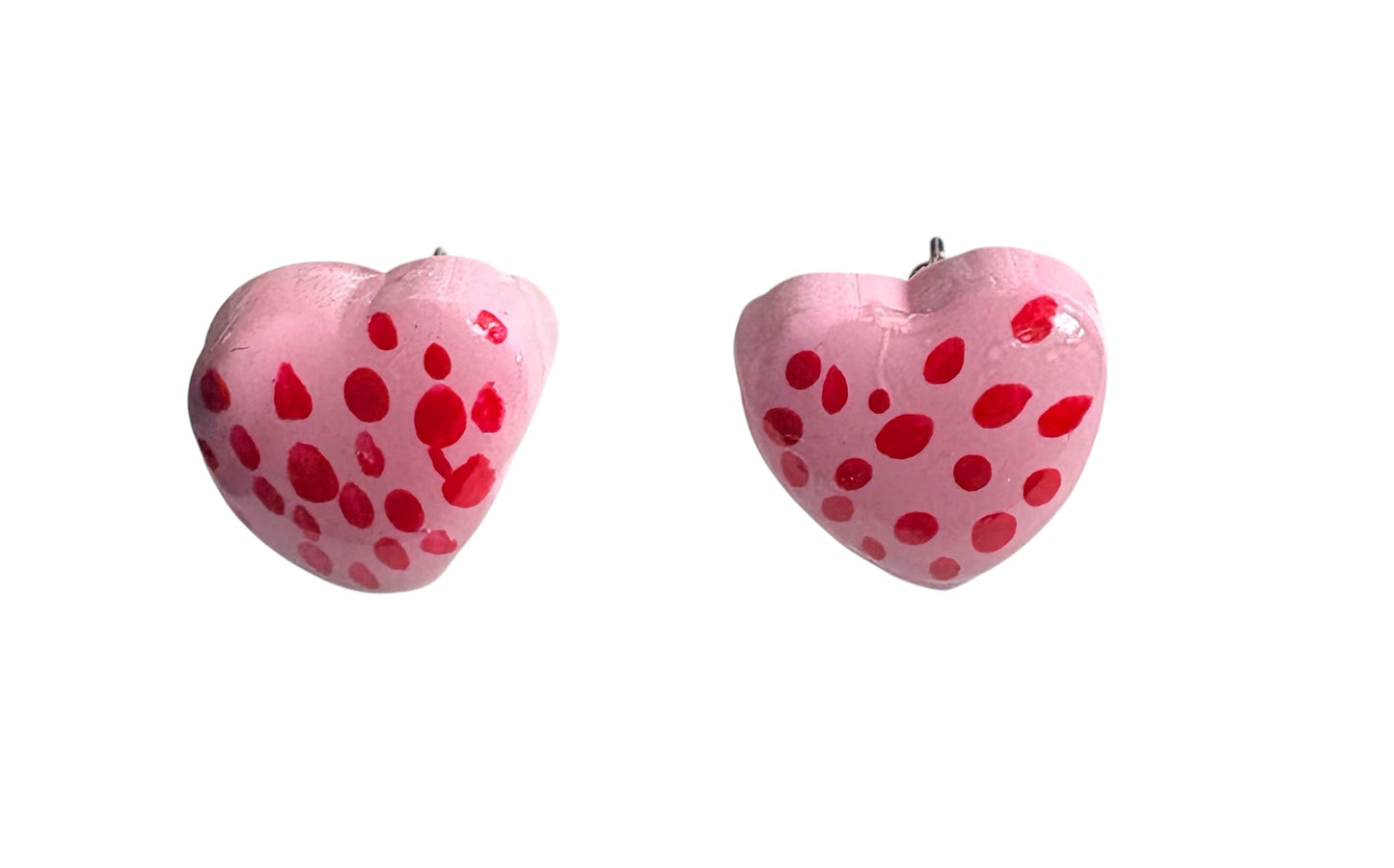 Handmade Polymer Clay Heart Stud Earrings | Pink & Red Dot Hand-Painted Design