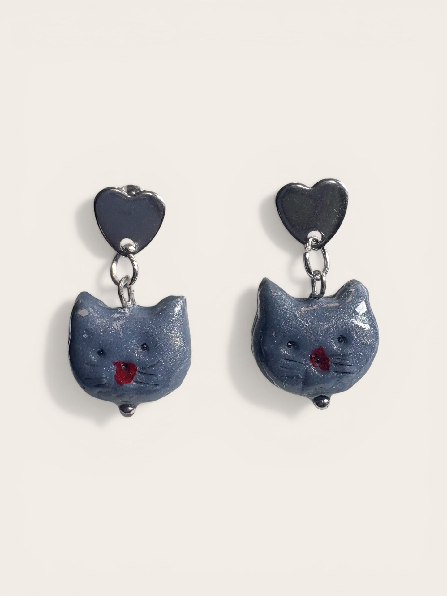 Handmade Petrol Blue Clay Cat Earrings | Silver Heart Stud Findings