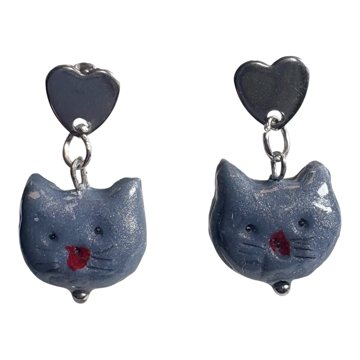 Handmade Petrol Blue Clay Cat Earrings | Silver Heart Stud Findings