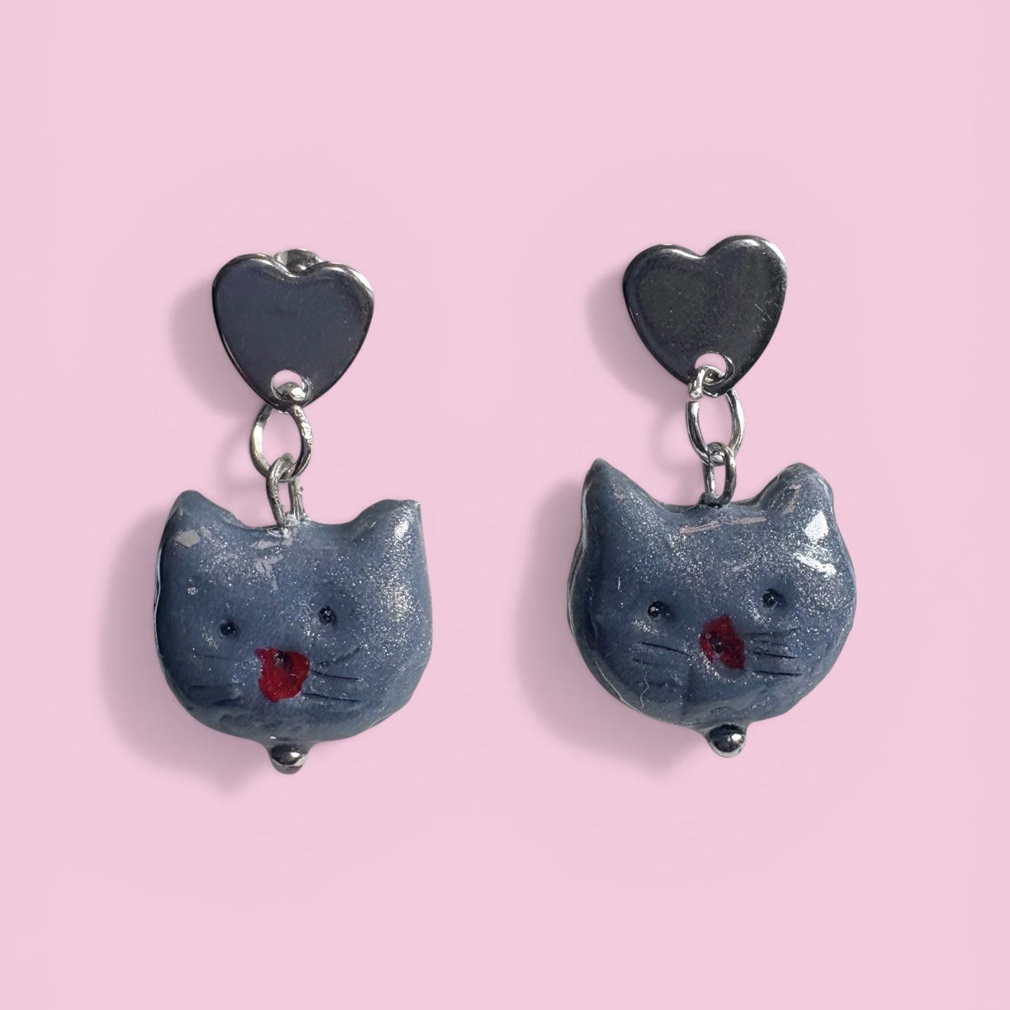 Handmade Petrol Blue Clay Cat Earrings | Silver Heart Stud Findings