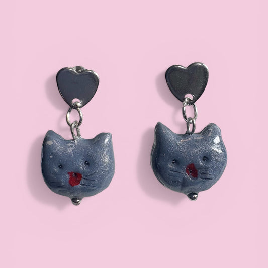 Handmade Petrol Blue Clay Cat Earrings | Silver Heart Stud Findings