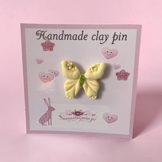 Handmade Yellow Butterfly Clay Pin – Glossy 4cm Brooch with Butterfly Clip