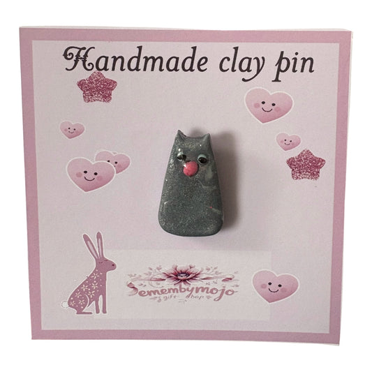 Handmade Grey Cat Clay Pin Badge | Cute Glossy Brooch