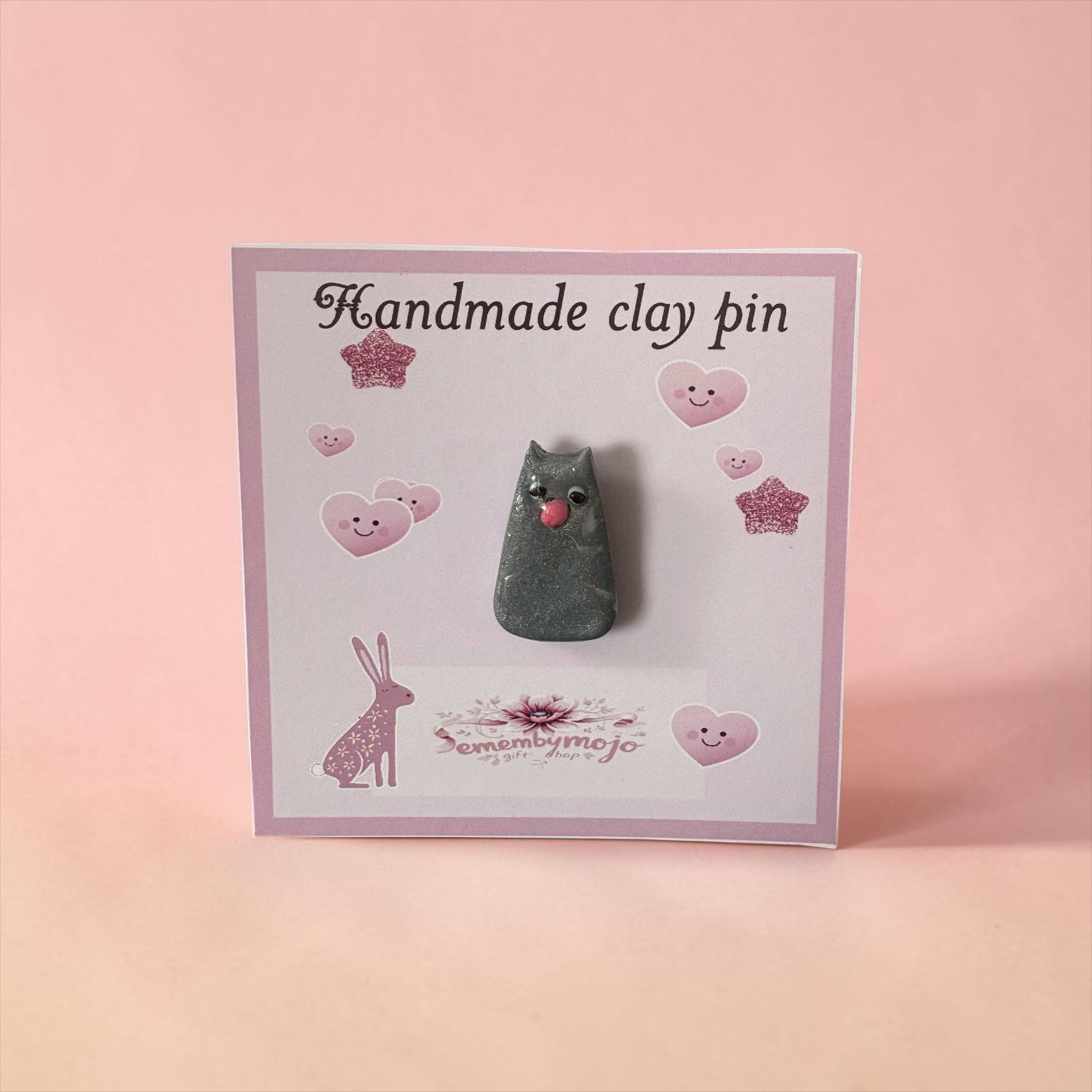 Handmade Grey Cat Clay Pin Badge | Cute Glossy Brooch