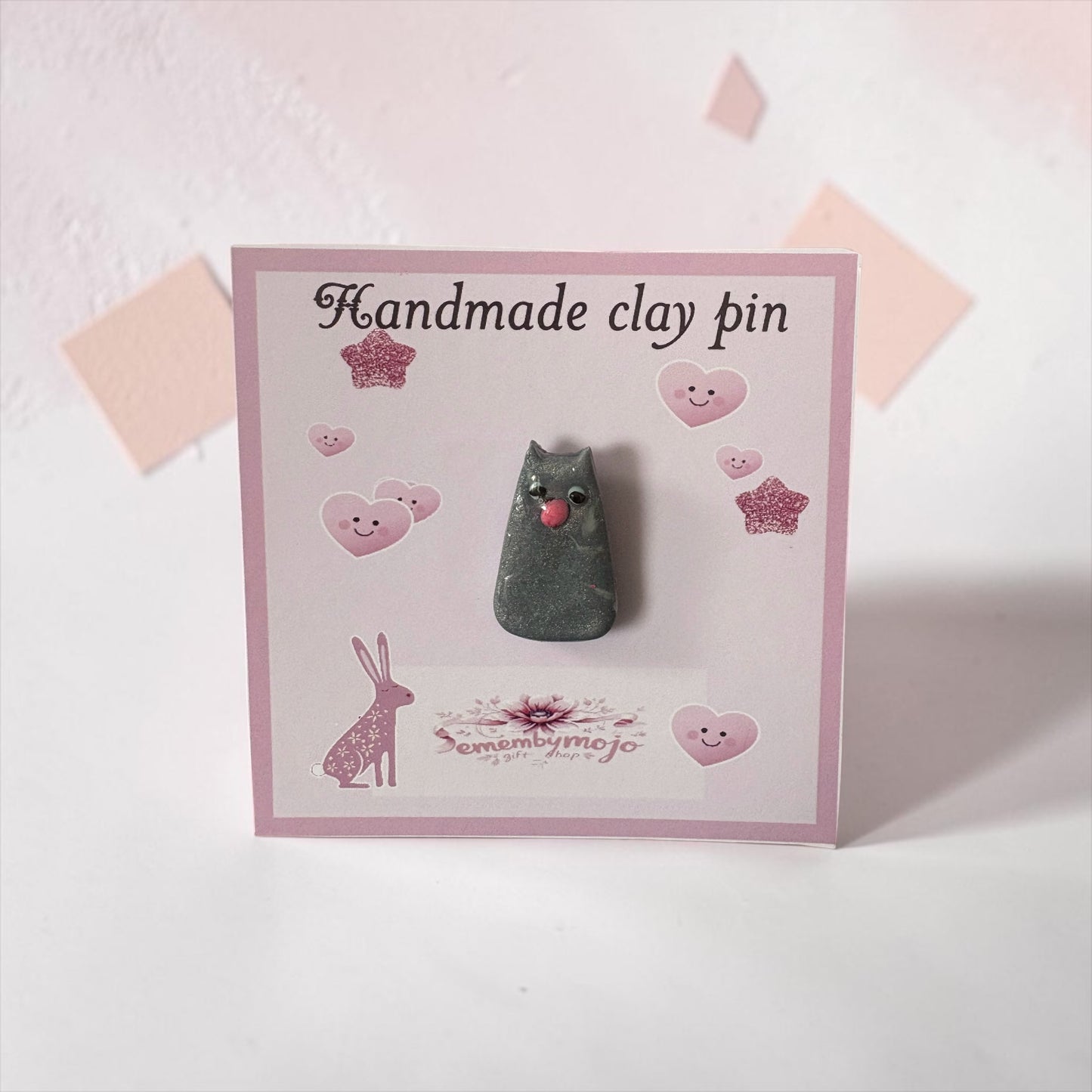 Handmade Grey Cat Clay Pin Badge | Cute Glossy Brooch