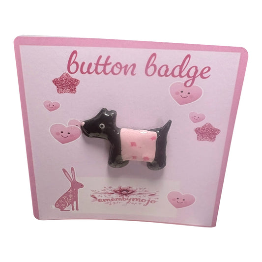 Handmade Scottie Dog Pin Brooch – Polymer Clay with Pink Jacket & Resin Coat