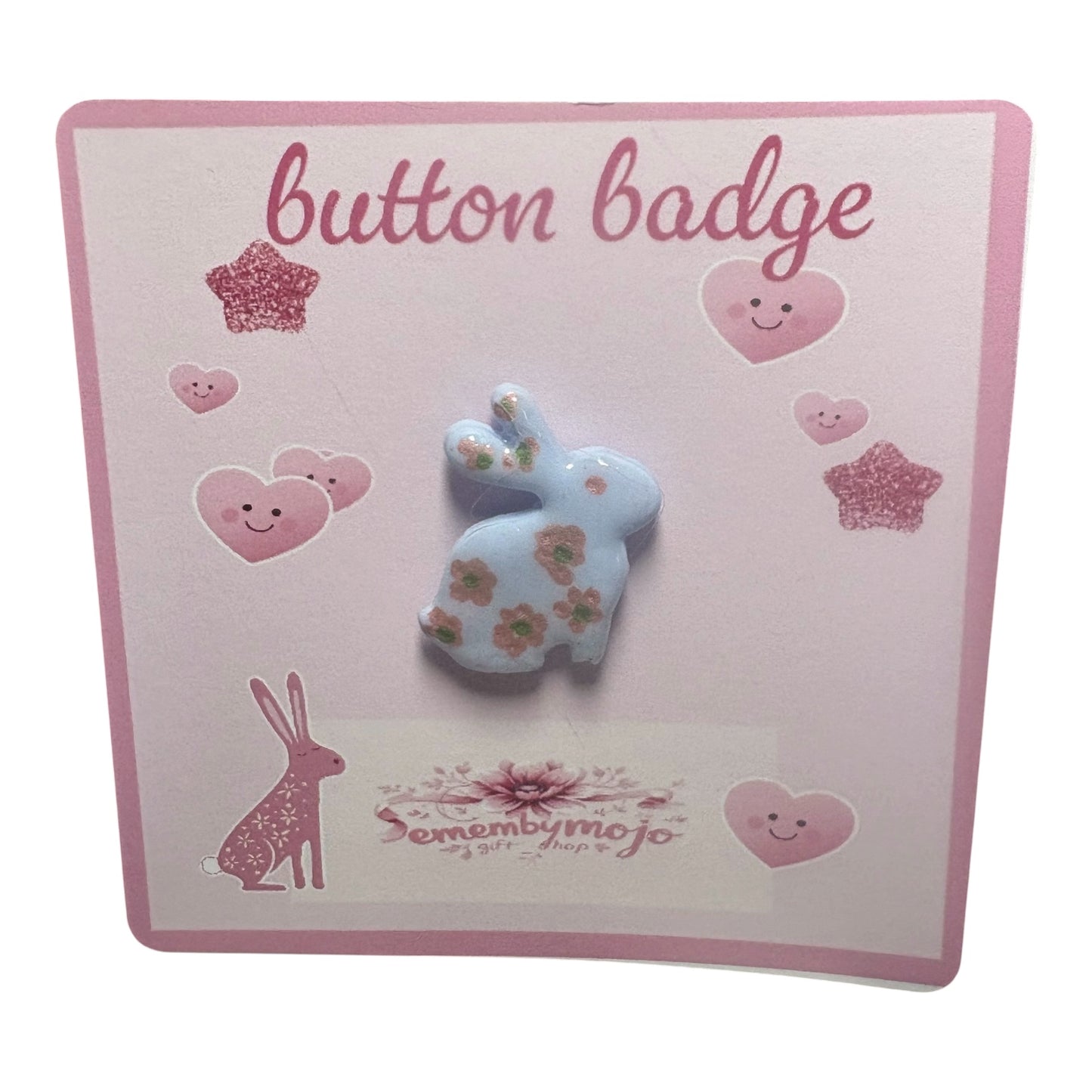 Handmade Blue Rabbit Brooch – Polymer Clay Pin with Hand-Drawn Flower Design