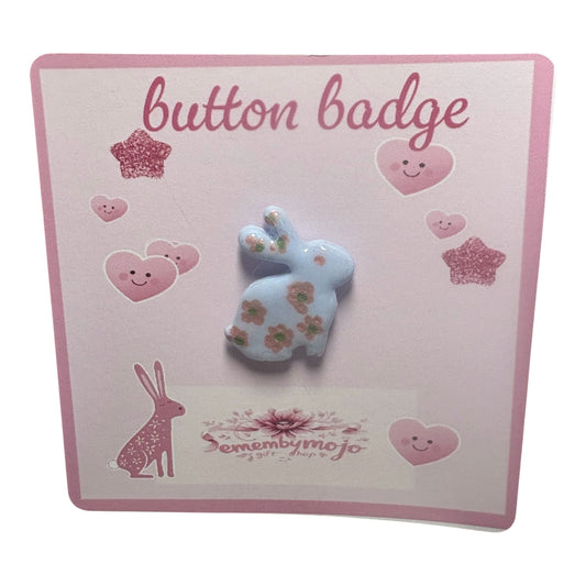 Handmade Blue Rabbit Brooch – Polymer Clay Pin with Hand-Drawn Flower Design
