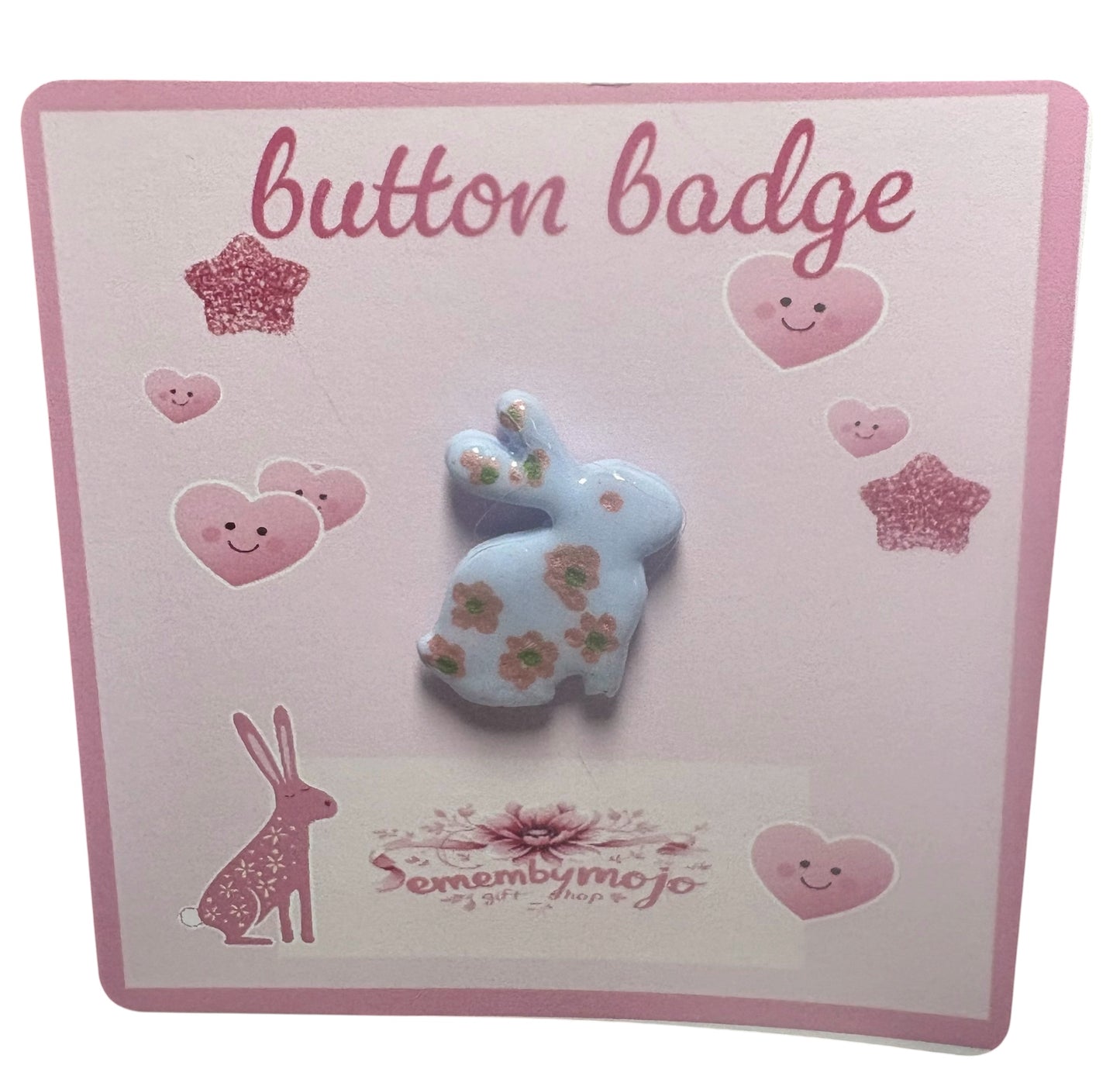 Handmade Blue Rabbit Brooch – Polymer Clay Pin with Hand-Drawn Flower Design
