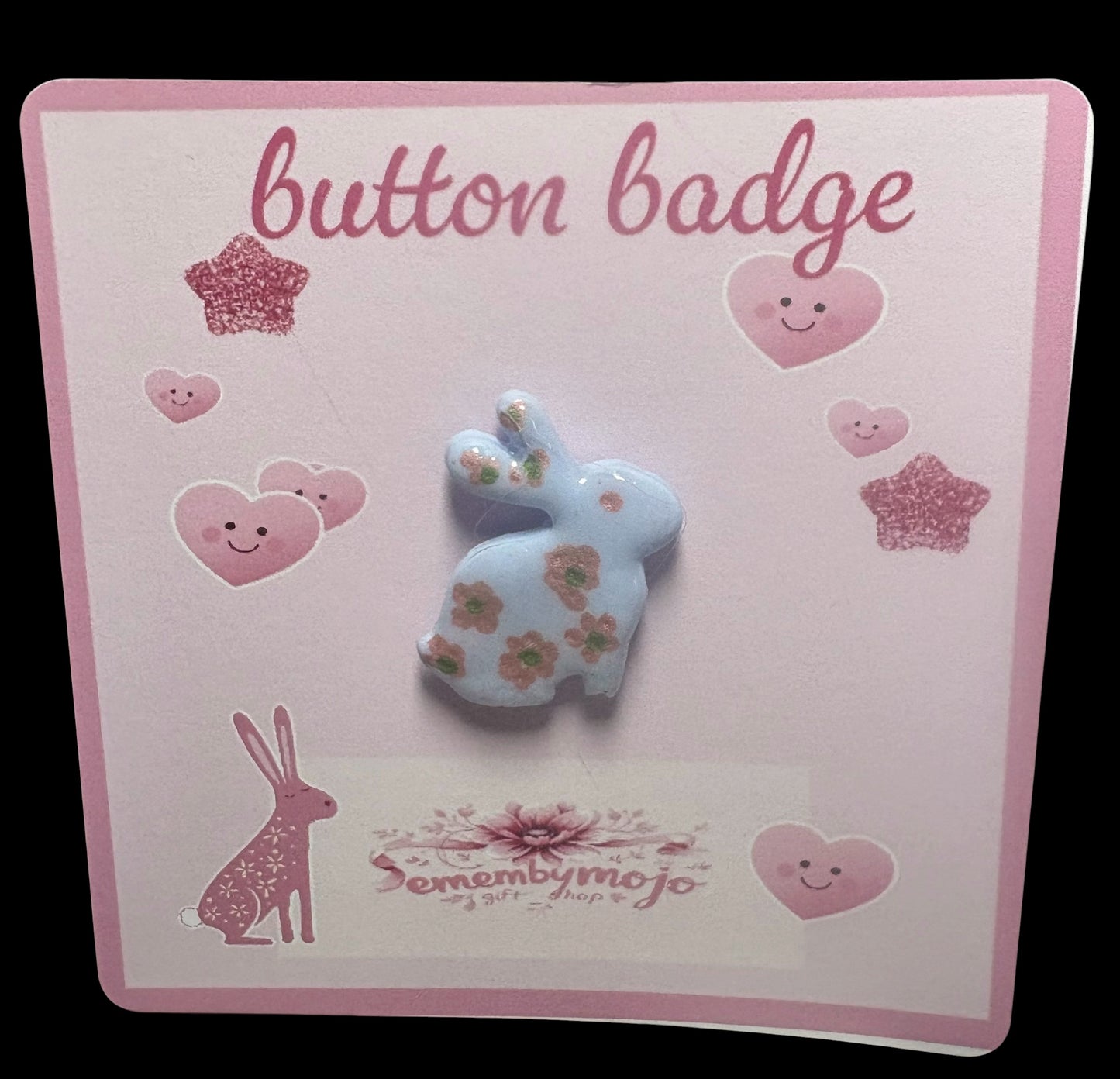 Handmade Blue Rabbit Brooch – Polymer Clay Pin with Hand-Drawn Flower Design