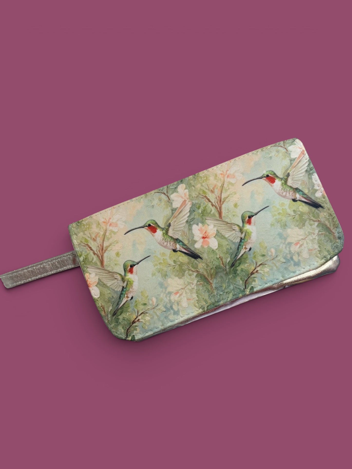 Hummingbird & Flower Silver Wristlet Pouch Bag