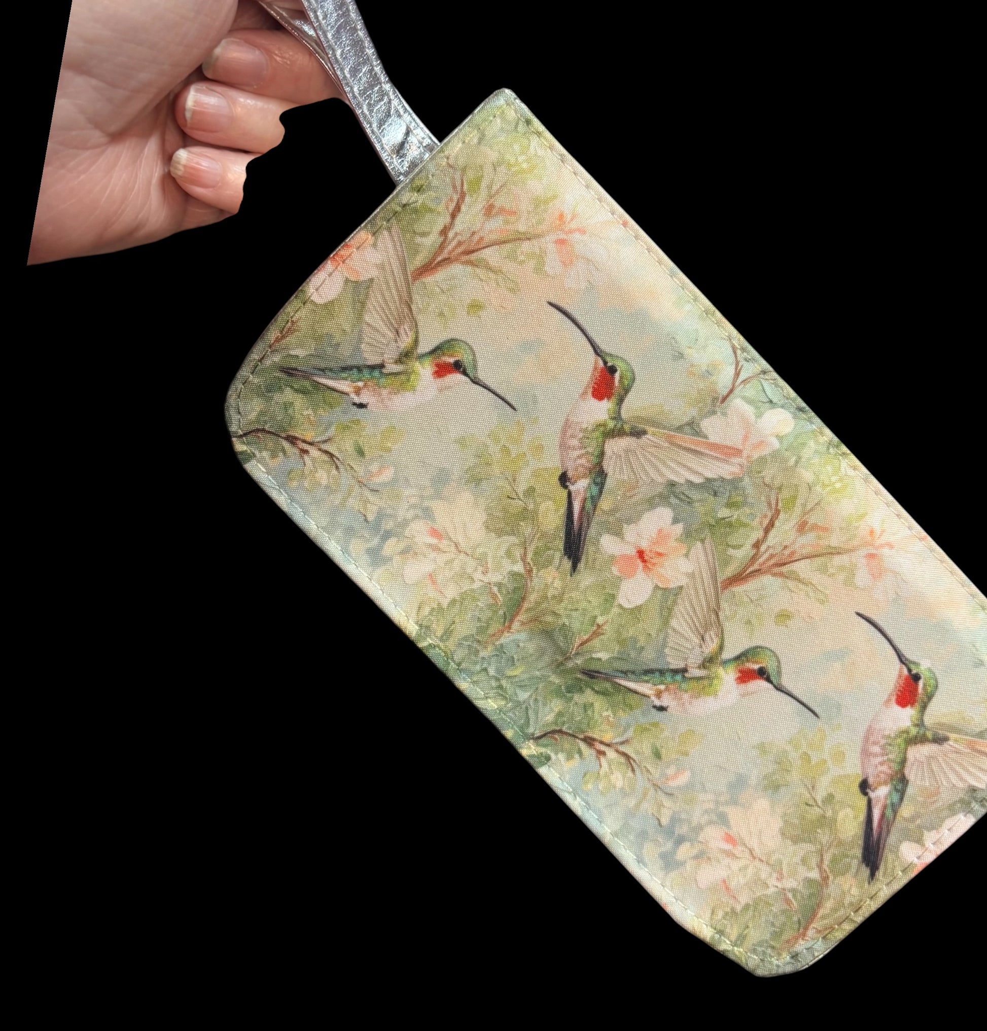 Hummingbird & Flower Silver Wristlet Pouch Bag