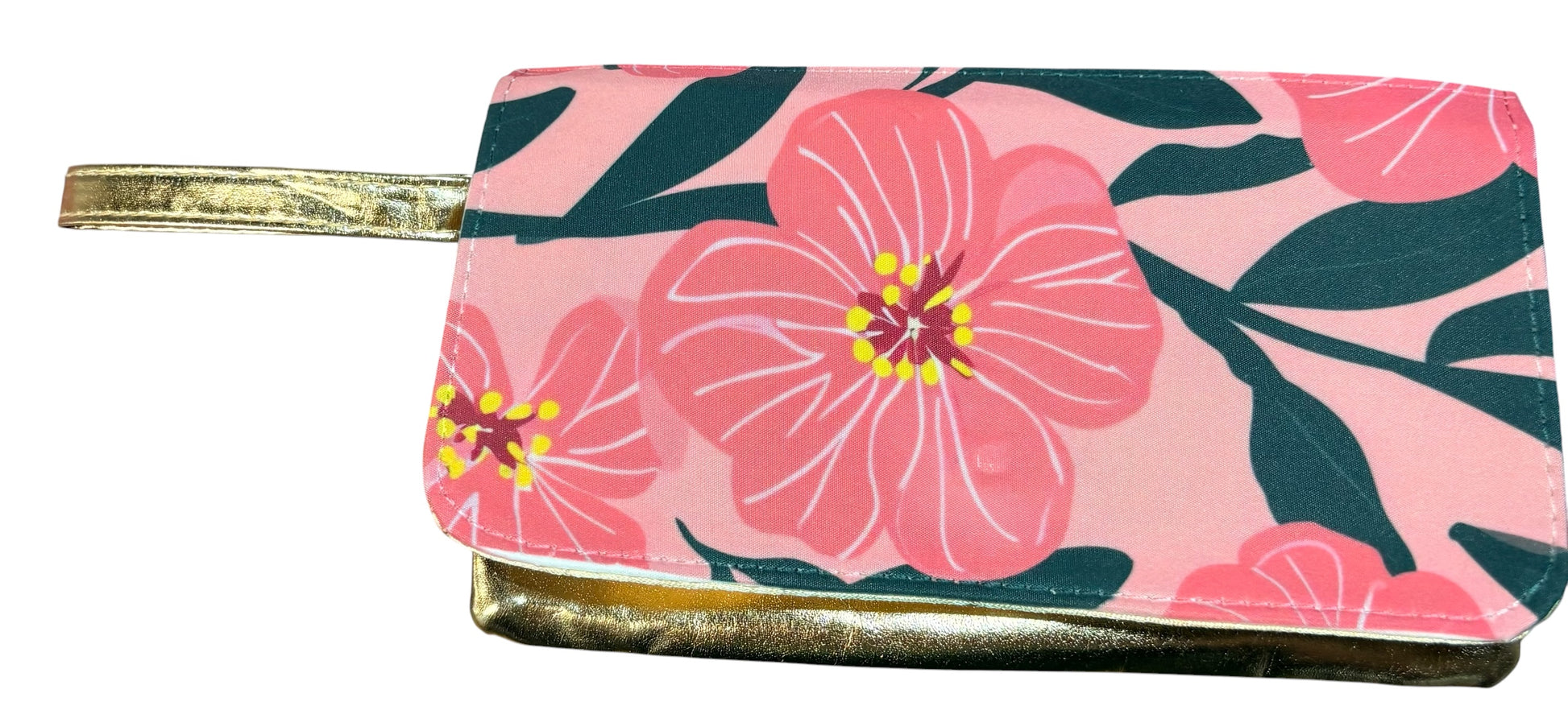 Gold Floral Wrist Pouch | Faux Leather Wristlet Purse for Holidays