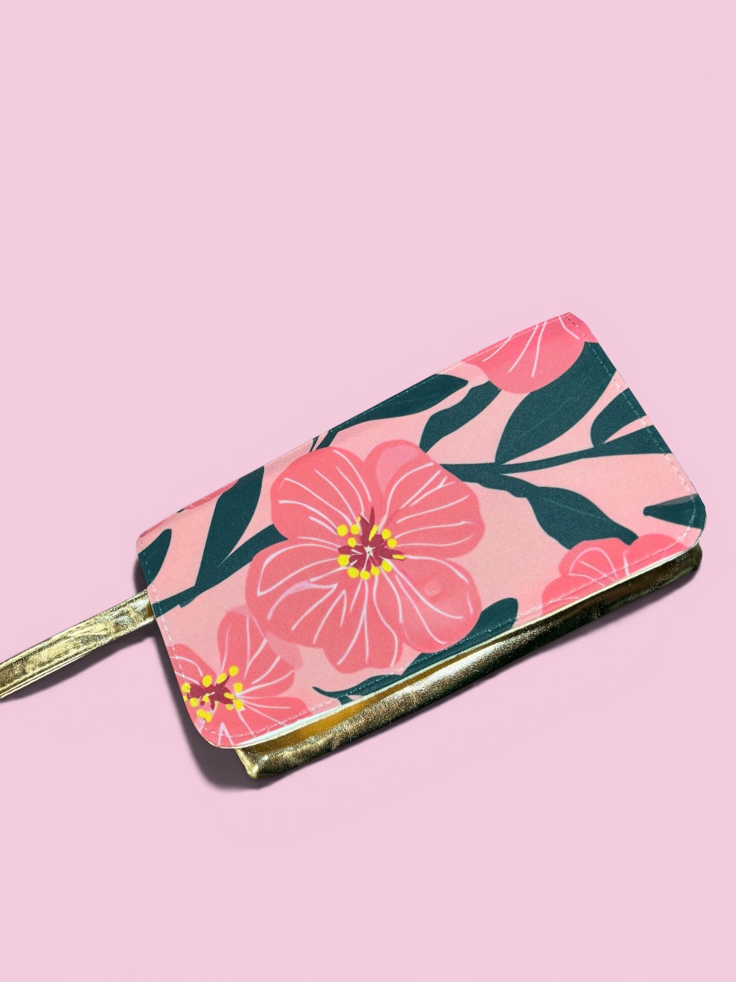 Gold Floral Wrist Pouch | Faux Leather Wristlet Purse for Holidays