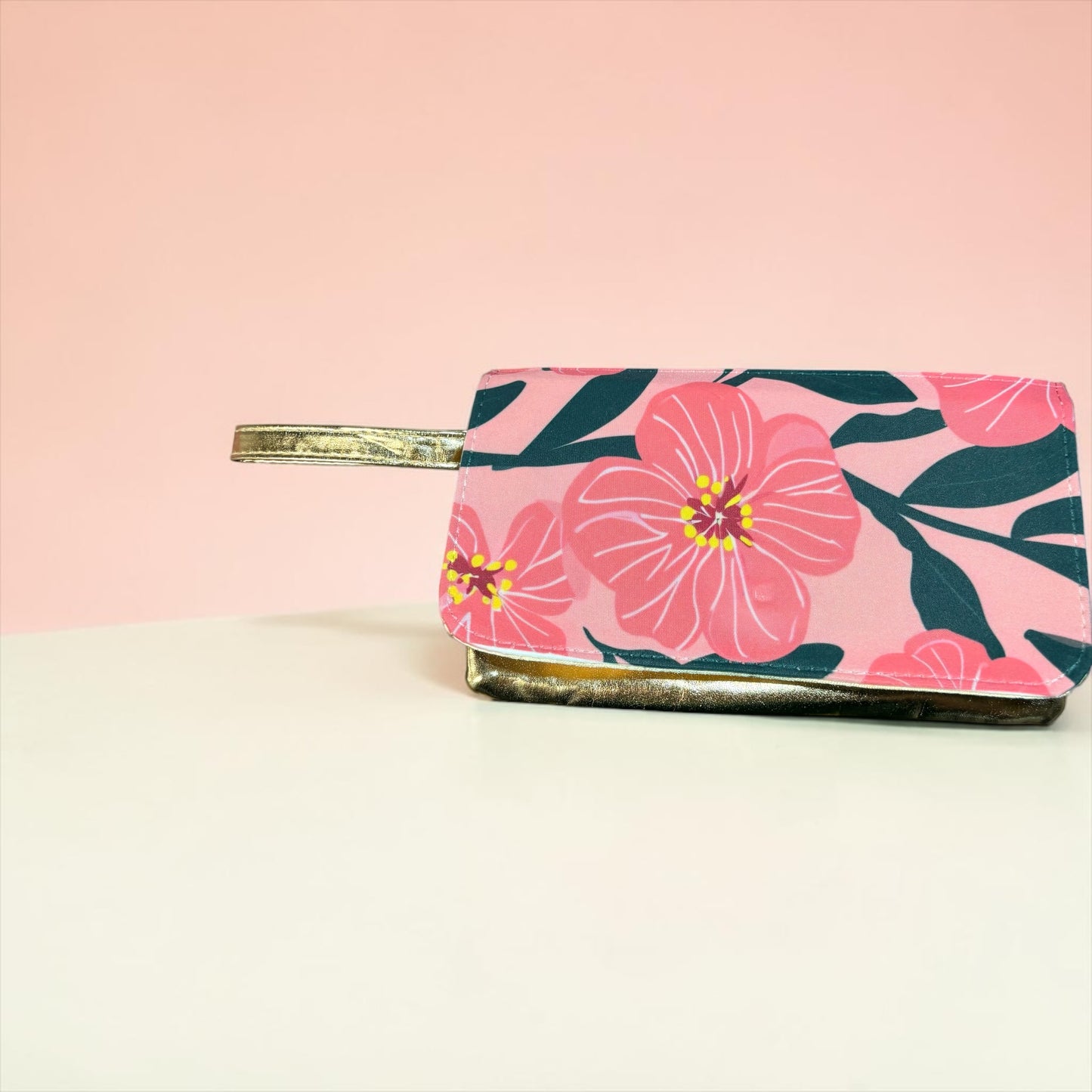 Gold Floral Wrist Pouch | Faux Leather Wristlet Purse for Holidays