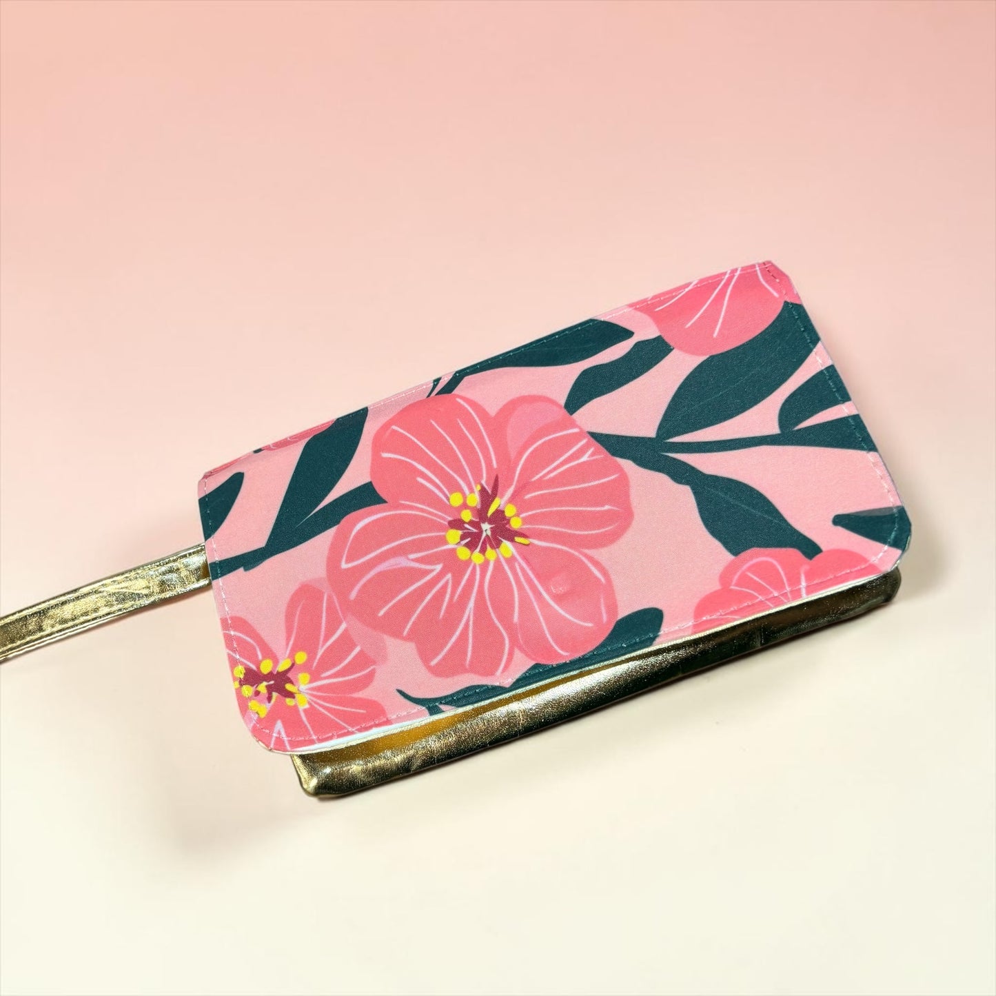 Gold Floral Wrist Pouch | Faux Leather Wristlet Purse for Holidays