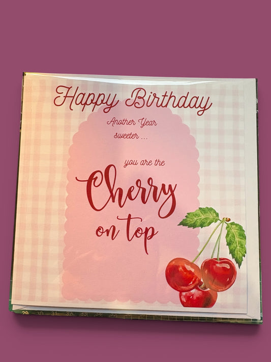 Vintage Cherry Birthday Card | 'Another Year Sweeter' | 6x6 Pink & Red
