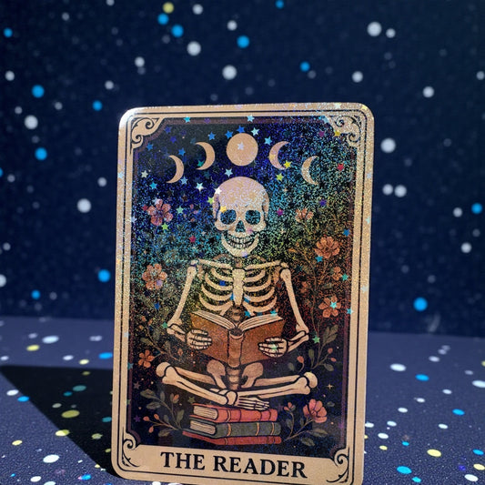The Reader Tarot Card Glitter Sticker | Whimsical Skeleton Design | Waterproof