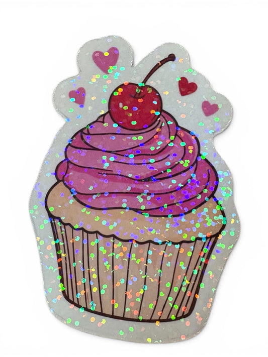 Pink Cupcake & Hearts Glitter Sticker | Waterproof | Cute Gift Sticker