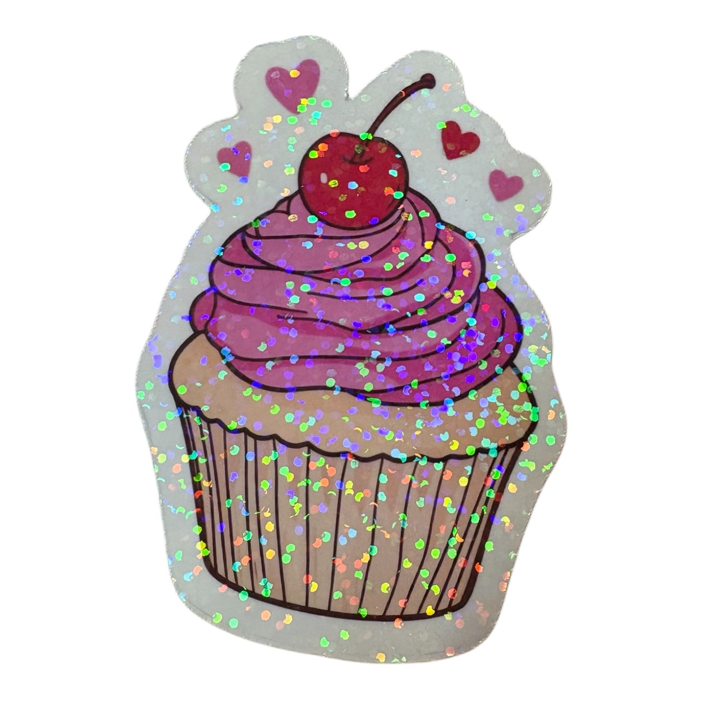 Pink Cupcake & Hearts Glitter Sticker | Waterproof | Cute Gift Sticker