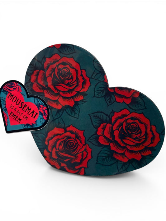 Gothic Red Rose Heart Shaped Mousemat | Neoprene Rubber | Bold Floral Print